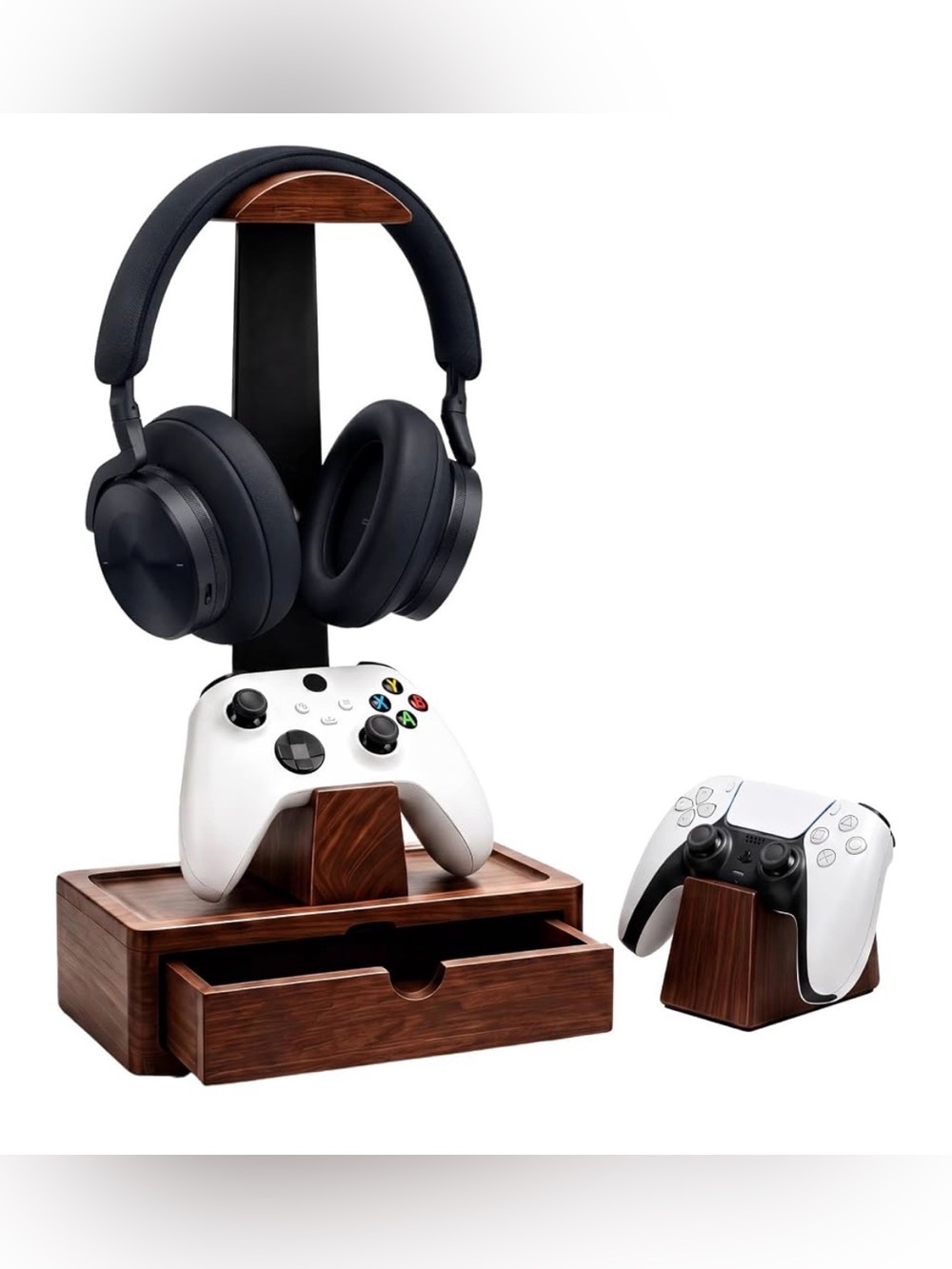 Gaming Controller and Headset Stand with Drawer - Wood Finish